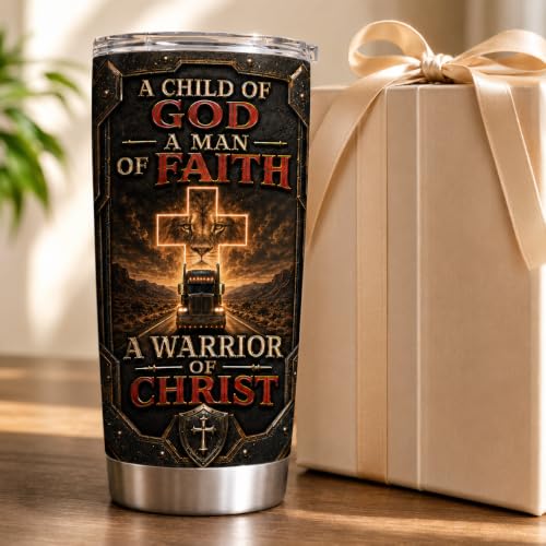 Personalized Christian Gifts For Men - A Child Of God Man Of Faith Warrior Christ Tumbler V2 - Faith Religious Bible For Dad, Husband, Grandpa on Fathers Day, Christmas, Birthday - color: CH-VAR-02