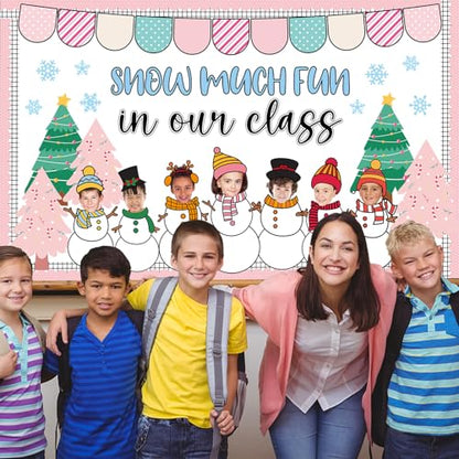 Winter Bulletin Board Decoration Set Xmas Tree Snowflakes Classroom Paper Cutouts Winter Snowman DIY Photo Bulletin Board Paper Decor for Christmas Holiday School Classroom Home Chalkboard Wall Decor - style: Snowman