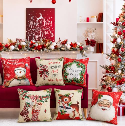 FuWeave 6 Set Vintage Christmas Pillow Cover 18 x 18 Inch Santa Pillow Case - style: Vintage