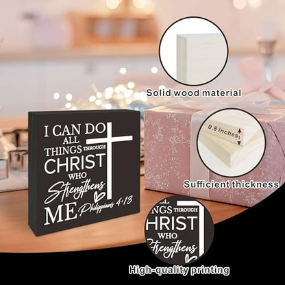5 Inches Black Christian Bible Verse Wooden Sign - I Can Do All Things Through Christ Who Strengthens Me - Motivational Gift For Friends Family -Tabletop,Shelf, Home & Office Decorations -(A06)