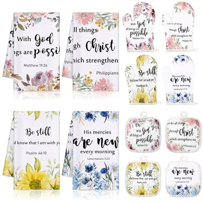 4 Set Christian Kitchen Gift for Women Towel Hot Pads Gloves