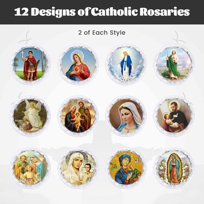 24 Pcs Red/White Rosary Beads Bulk, Jesus Cross Rosarios Catolicos, Virgen De Guadalupe Wooden Beads Rosary Necklace with Box, Catholic Gifts Funeral Baptism Favors First Communion Favors for Guests - color: White