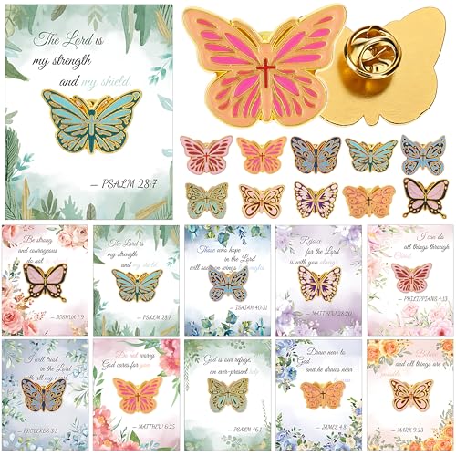 40 Sets Christian Pins, Christian Party Favors, 40 Gold Plated Butterfly Bible Verse Lapel Pin with 40 Scripture Quote Cards for Women Mothers Day Church Gifts Religious Party Favors