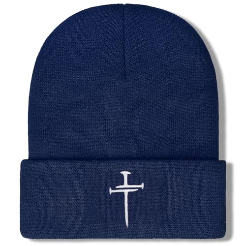Christian Jesus Cross Beanie - Faith Winter Beanie Hats for Men Women - Religious Gifts for Christmas & New Years - color: Three Nails Cross/Navy Blue