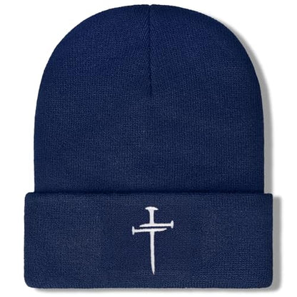 Christian Jesus Cross Beanie - Faith Winter Beanie Hats for Men Women - Religious Gifts for Christmas & New Years - color: Three Nails Cross/Navy Blue