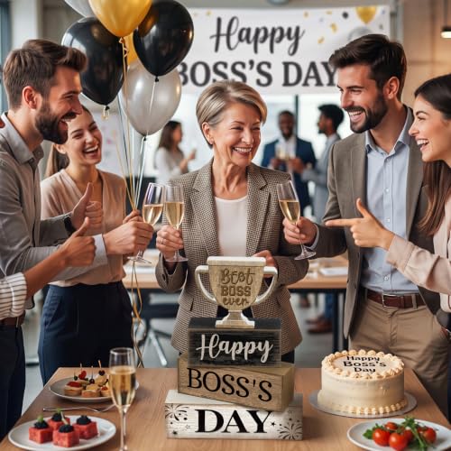 Moucuny 4 Pcs Boss Day Table Decorations Rustic Trophy Wooden Blocks Decor - style: Happy Boss’s Day