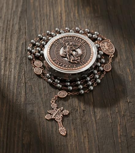 Nazareth Store St Michael Rosary Hematite Stone Beads Necklace Metal Beaded Glory Beads Archangel Medal & Cross with Metal Gift Box - color: Copper | St.Michael Cross