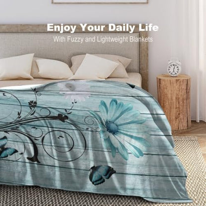 Daisy Throw Blanket, Rustic Teal Rural Butterfly Flannel Blanket 40"×50" - color: Daisy 02, size: 40x50 inch