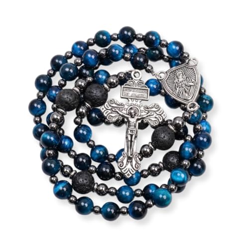 Nazareth Store Blue Tiger Eye Rosary Beads, Handmade Catholic Rosary Necklace with Lava Stone Beads and Our Father Crucifix, Five Decade Prayer Rosary, Religious Gift - style: Our Father
