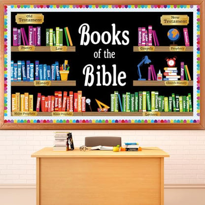 ojustbeok Books of the Bible Learning Bulletin Board Set Faith Religious Christian Back to School Classroom Bulletin Board Bible Learning Bookshelf Cutouts for Home Sunday School Wall Chalkboard Decor - style: Books of the Bible
