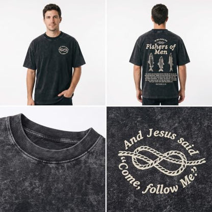Christian Fishers of Men Shirt for Women Men Jesus Religious Oversized Graphic Tees Acid Wash Bible Verse Faith God T-Shirt - color: Black, size: Small