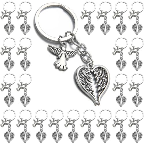 PHAETON 20PCS Guardian Angel Wing Keychain Heart-shaped Angel Wings Charms Keychain Key Ring for Memorial Keyring Religious Gifts Memorial Decorations