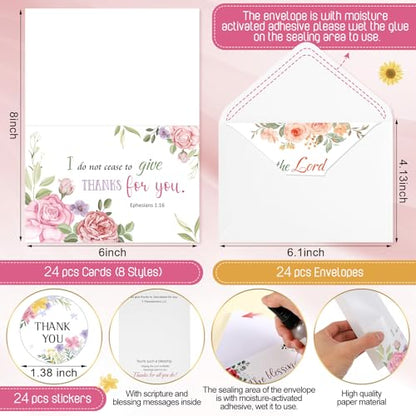 24 Pack Christian Thank You Appreciation Cards, Flower - style: Flower