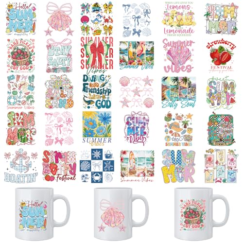 Summer UV DTF Cup Wraps - 30 Sheets Vintage Summer Beach UV DTF Cup Wrap for 16 oz Glass Mugs, Cute Strawberry Bows Flamingo Transfer Stickers Decals for DIY Water Bottle Tumbler Journal - style: Summer