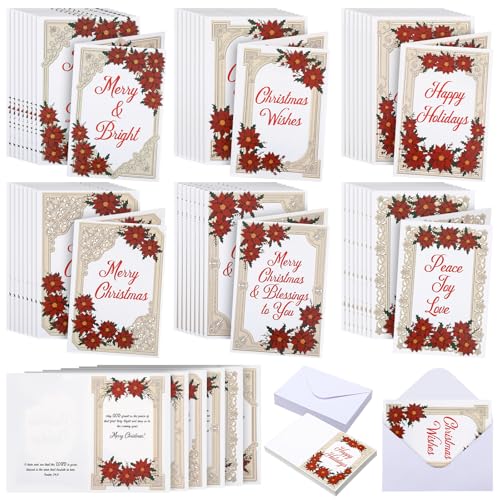 Harloon 48 Set Christian Christmas Prayer Cards with Envelopes Bulk Poinsettia Collage Religious Jesus Catholic Christmas Cards with Blessings Inside for Xmas Blessing Gift, 6 Styles, 4 x 6 Inch