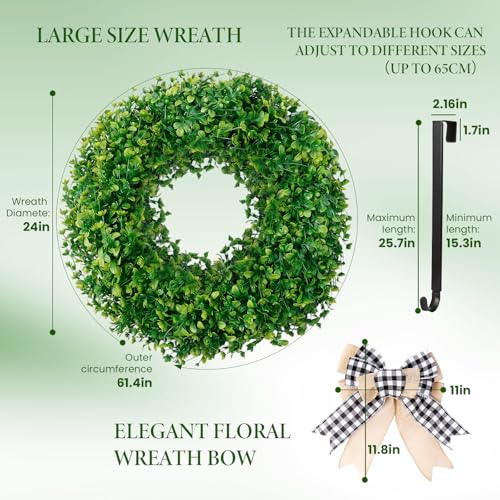 24 inch Boxwood Wreaths for Front Door with Burlap Bow and Hook