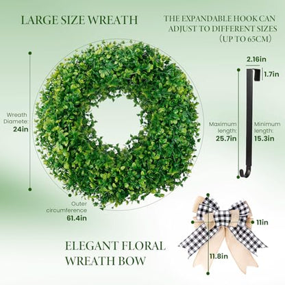 24 inch Boxwood Wreaths for Front Door with Burlap Bow and Hook