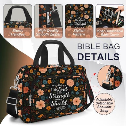 Floral Bible Cover for Women, Large Bible Bag Carrying Case with Shoulder Strap Bible Study Supplies Journaling Kit Book Carrying Case with Pens Highlighters Cross Clips Tabs Christian Gift - color: Black Floral