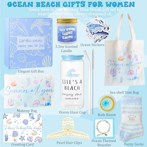 Gifts for Women, 10pcs Ocean Themed Happy Birthday Gifts for Women, Gift Basket Filled with Beach Lover Essentials Blue Ideas Inspirational w/ Seashell Tote Bag Thinking of You for Mom Sister Friend - color: Blue