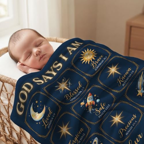 Personalized God Says I Am Space Baby Blanket, Christian Baby Blanket - color: Blue #14