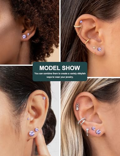 6 Pairs Hypoallergenic Cubic Zirconia Earrings Surgical Steel Flat Back Studs for Cartilage, Screw Back Fashion Jewelry - color: A-005-Light Purple