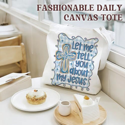 Bible Tote Bags Cute Christian Preppy Canvas Tote Bag Christian Gifts for Women Reusable Shopping Bags(Parent) - color: Let Me Tell You About My Jesus-2-blue