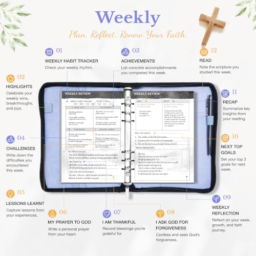 Ospelelf Refillable Prayer Journal with Leather Blue 6 Ring Binder 3-Month - color: blue