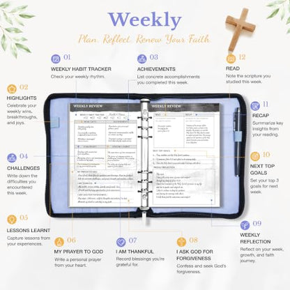 Ospelelf Refillable Prayer Journal with Leather Blue 6 Ring Binder 3-Month - color: blue