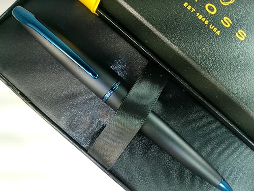 Cross ATX Refillable Special Edition Basalt black Ballpoint Pen signature blue PVD clip, finial, and center band - color: Blue/Black