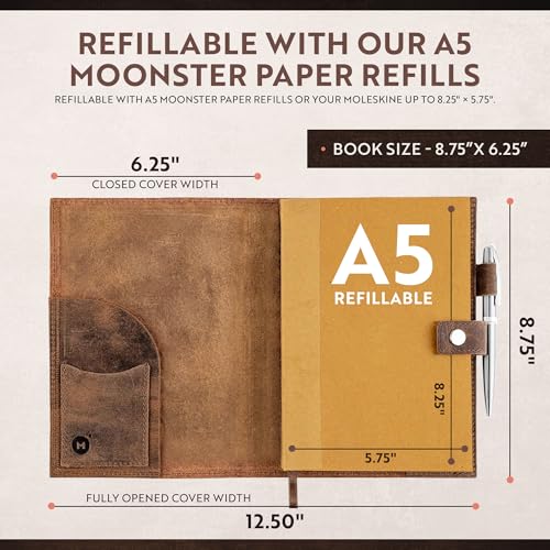 moonster Leather Journal for Men and Women – Full-Grain Buffalo Leather Bible Journal, Bible Study Journal, Daily Journal with Pen – Leather Notebook, Journals for Women, Sermon Notes Notebook Gift
