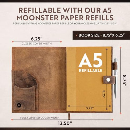 moonster Leather Journal for Men and Women – Full-Grain Buffalo Leather Bible Journal, Bible Study Journal, Daily Journal with Pen – Leather Notebook, Journals for Women, Sermon Notes Notebook Gift
