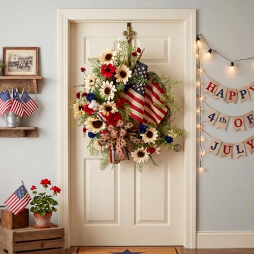 Cinnvoice 4th of July Patriotic Wreath Artificial Wreath for Front Door - style: 4th of July