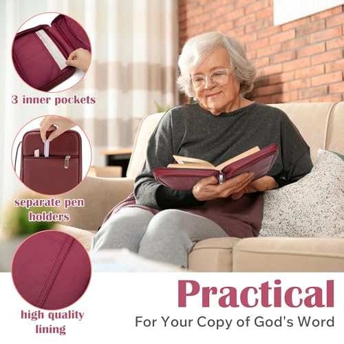 Small Bible Cover Case for Women and Men, 9x6 PU Leather Bible Sleeve, Compact Travel Bible Carrier Bag with Front Pen Holders, Zipper Closure, Inner Pockets - Burgundy Red - color: Burgundy Red, size: 9''x6.5''