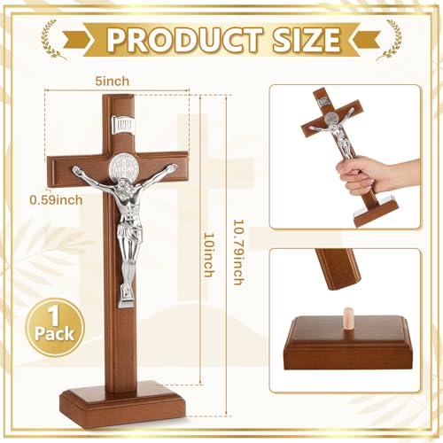 Leinuosen 10 Inch Wood Standing Cross Crucifix Wall and Table Catholic Wooden Cross Decor Jesus Christ Decoration for Home Baptism Communion Church(Silver,1 Pcs) - color: Silver