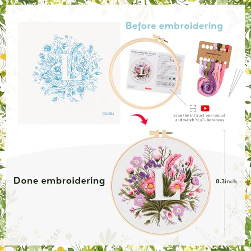 Zerzsy 7.87 '' Embroidery Kits Plant Flower Leaf English Letter Patterns for Beginners Adults, Easy to Learn Cross Stitch Kit for Home Office Decor - color: Letter L