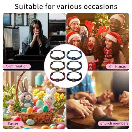 PineHaven 6 Pcs Braided Cross Bracelet for Men Women, Adjustable Christian Rope Cross Bracelet with Metal Knot Religious Gifts - color: deep color