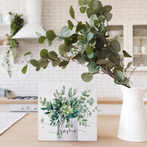 Sage Green Eucalyptus Leaves Wooden Box Sign Decor, Home Sign Shelf Decoration, Rustic Spring Botanical Wooden Block Decor for Home Farmhouse Shelf Tiered Tray Decoration 5x5 - color: 1-Sage Green Eucalyptus Decor(burlywood)
