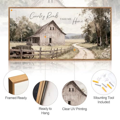 Aurlan Farmhouse Country Old Barn Framed Canvas Wall Art 40x20 Inch - color: Country Roads Take Me Home, size: 40"L x 20"W