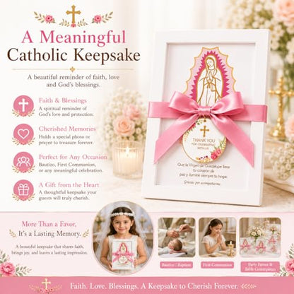 12 Pcs Virgen de Guadalupe First Communion Favors for Guests, Pink Our Lady of Guadalupe Wooden Picture Frames with Satin Bows, Catholic Recuerdos de Primera Comunión, 5.79 x 7.87 in