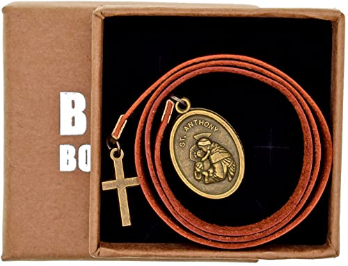 BLBMH Genuine Leather Bible Bookmark with Cross | Catholic Gifts for Men Dad | Christian Book Marker with Ribbon - Saint Anthony - LB3 - color: Alb3