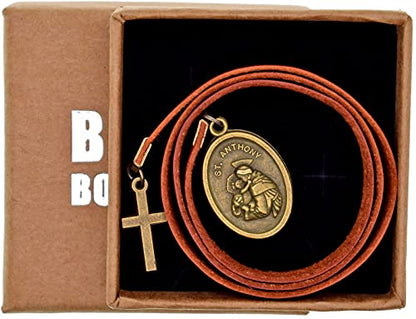BLBMH Genuine Leather Bible Bookmark with Cross | Catholic Gifts for Men Dad | Christian Book Marker with Ribbon - Saint Anthony - LB3 - color: Alb3