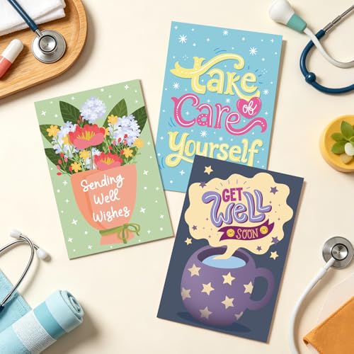 Ogeby 24 Pack Get Well Cards Set with Envelopes & Stickers, Cute Encouragement Cards for Friend Family Coworker, 6 Assorted Designs with Heartfelt Message Inside, 4x6 Inch