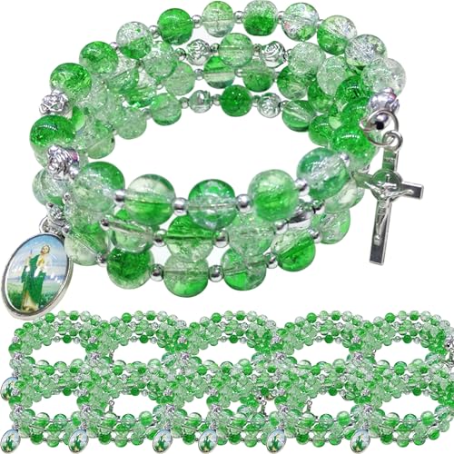 12 pcs Religious Wrap Rosary Bracelet, Green Beads with Cross and St. Jude Medal Charm, Memorial Prayer Favor - color: JA010S-grn
