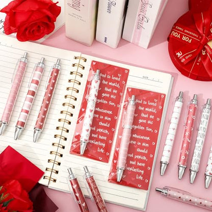 FYSUIMU 30 Sets Valentine's Day Ballpoint Pens Bulk Pink Red White Love Heart Plastic Ballpoint Pens with Bible Verse Thank You Cards for Christian Appreciation Gift Sunday School Church Party Favors