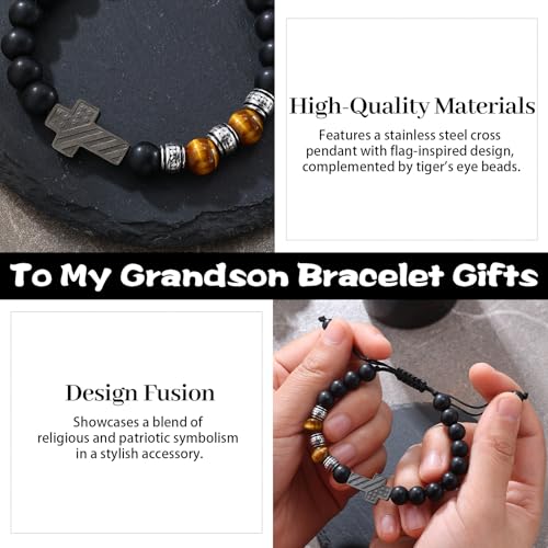 Cross Bracelet for Boys & Men, Adjustable Christian Beaded Bracelet - color: Beads-C-To My Grandson
