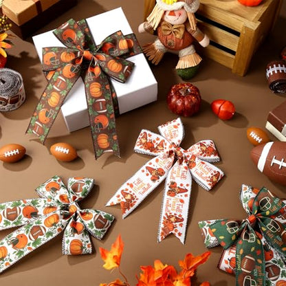 12 Rolls Fall Football Wired Edge Ribbon for Wreaths 2 Inch x 60 Yards Maple Leaves Pumpkin Football Print Ribbon Crafts for Thanksgiving Harvest Party Decorative Supplies, 12 Styles - style: Fall Football