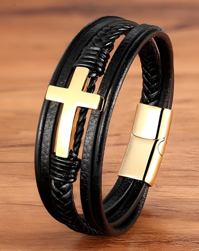 Cross Leather Bracelet for Men, Multi-Layer Braided Mens Religious Cuff Bracelets with Stainless Steel Clasp Anniversary Father's Day Birthday Christmas Jewelry Gifts for Him - color: Gold Clasp & Black Leather