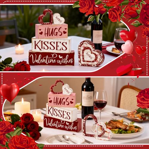Britimes Tiered Tray Decor Set, 4 Pack, Wooden Table Sign, Red Valentine - style: Hug Kisses