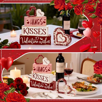 Britimes Tiered Tray Decor Set, 4 Pack, Wooden Table Sign, Red Valentine - style: Hug Kisses