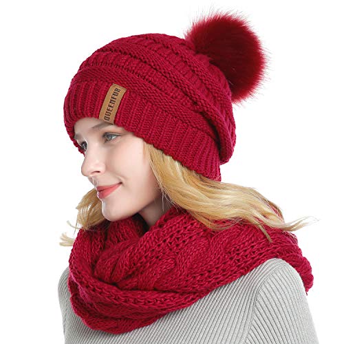 Winter Women Thick Cable Knit Ribbed Infinity Circle Loop Scarf - color: 26- Red Beanie and Scarf Set